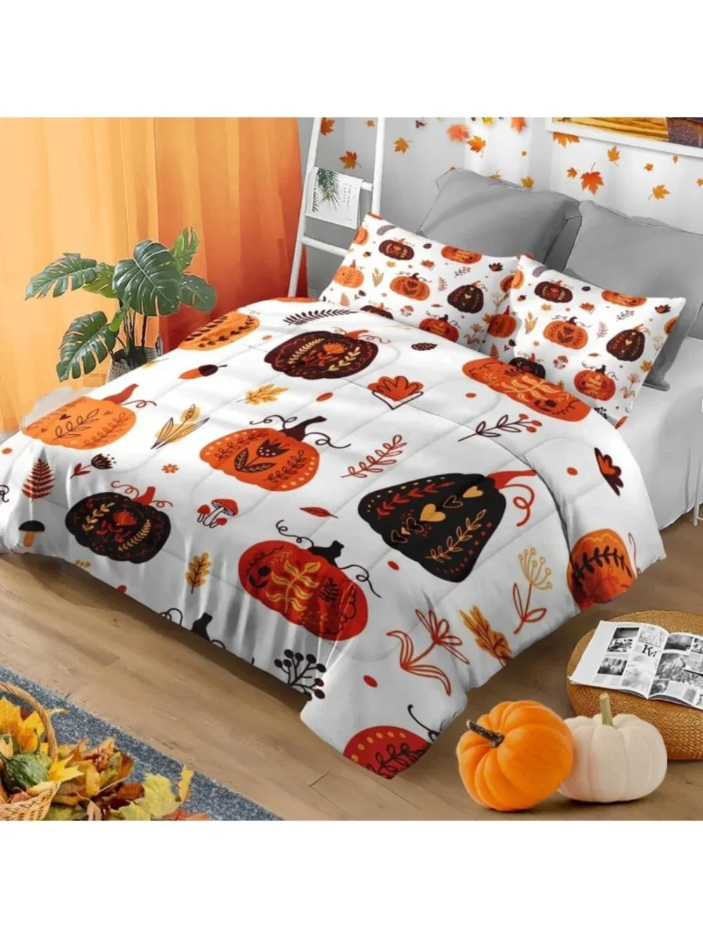Cozy Autumn Pumpkins King Comforter Set - 3 Piece Fall Bedding Collection